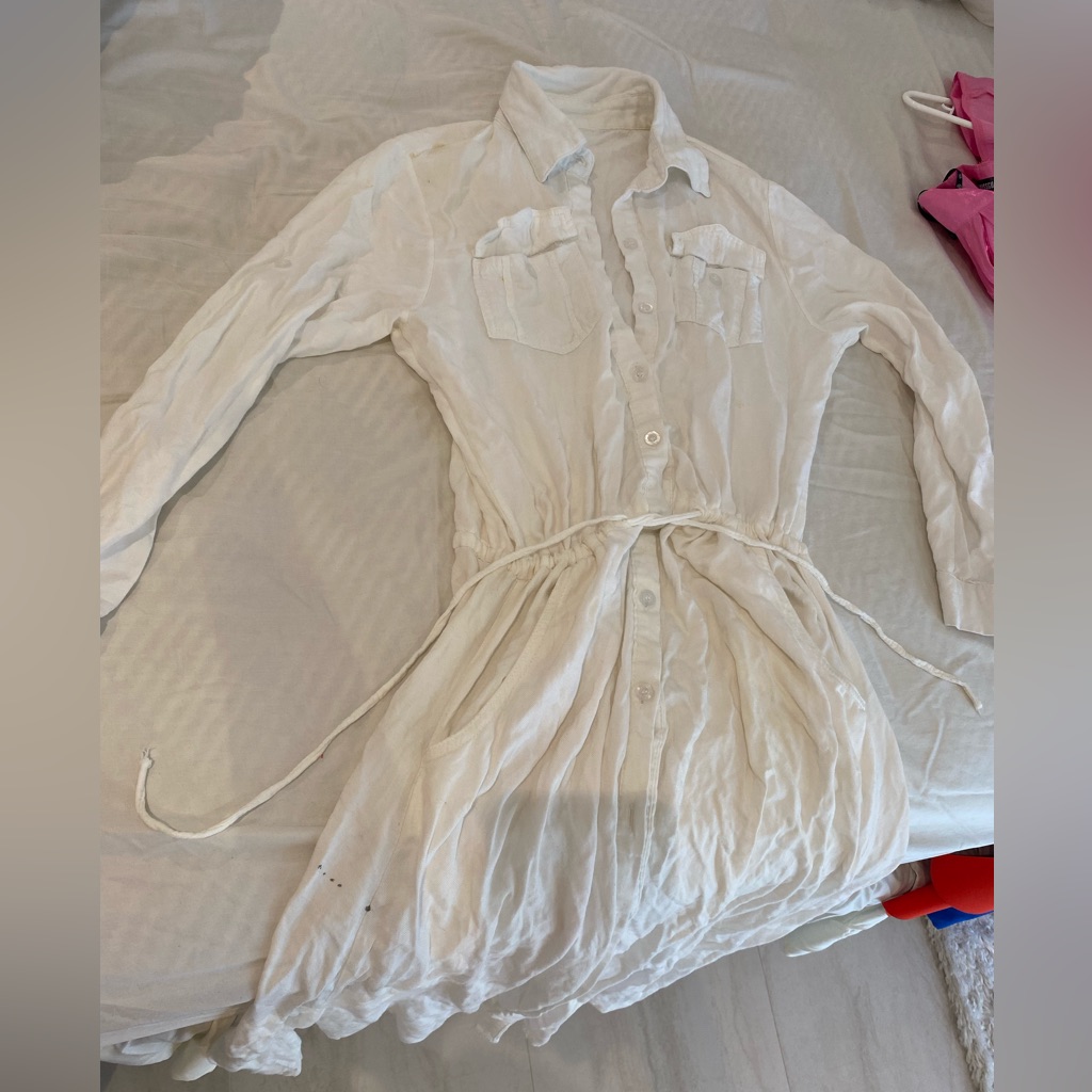 White Linens Button Down Long Sleeve Dress
